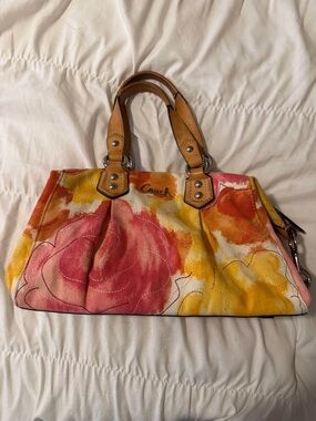 Coach Floral Canvas Satchel in Pink, Yellow & Orange with Leather Trim